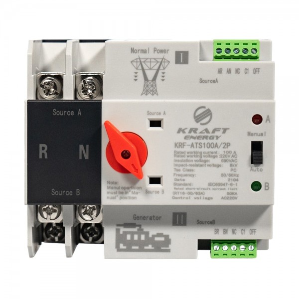Автоматичний перемикач (АВР) під DIN-рейку Kraft KRF-ATS100A/2p 2 полюси