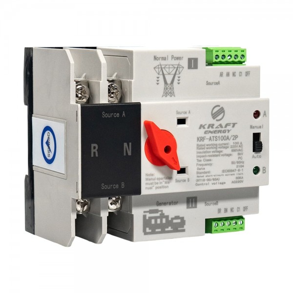 Автоматичний перемикач (АВР) під DIN-рейку Kraft KRF-ATS100A/2p 2 полюси