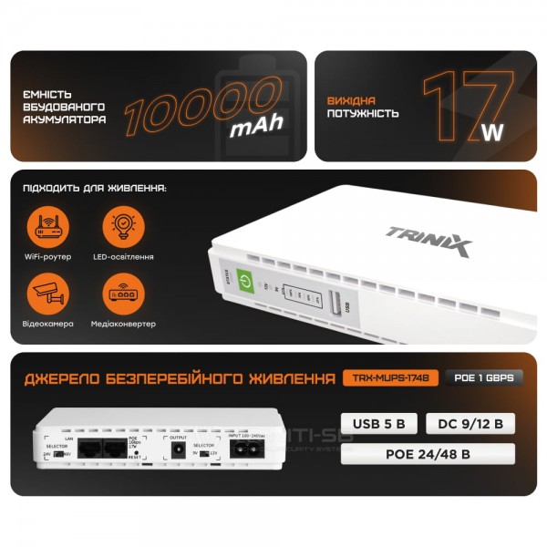 Джерело безперебійного живлення DC UPS Trinix TRX-MUPS-1748 PoE (10000mAh) 5V/9V/12V/24V/48V/PoE 1Gbps, Li-ion 4*2.5Ah, для роутера і медіаконвертера