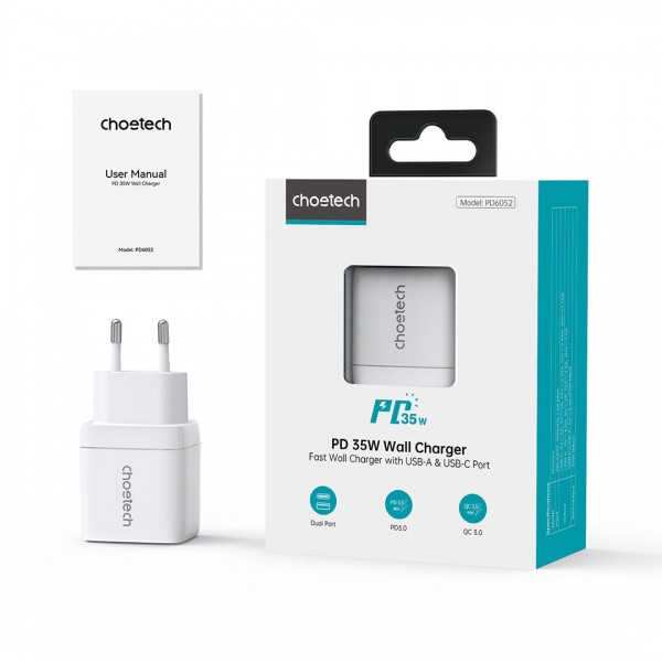 Мережевий зарядний пристрій Choetech PD6052 PD35W GAN A+C White