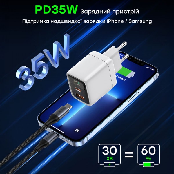 Мережевий зарядний пристрій Choetech PD6052 PD35W GAN A+C White
