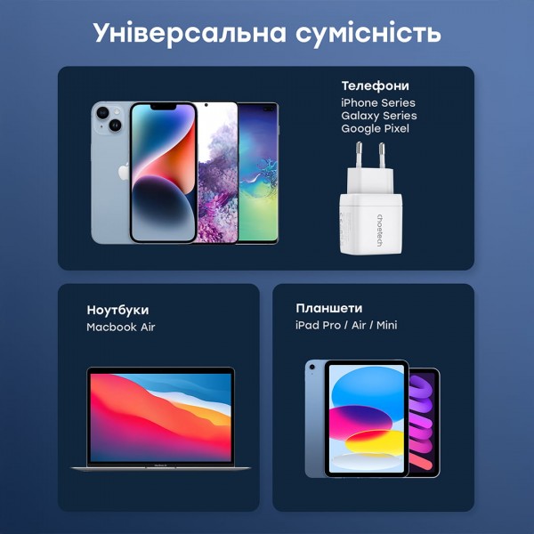 Мережевий зарядний пристрій Choetech PD6052 PD35W GAN A+C White