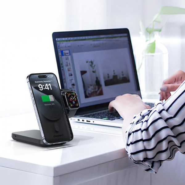 Повербанк з підставкою 10000mAh Choetech B750 Black QC3.0 PD3.0 бездротова зарядка смартфонів та Apple Watch