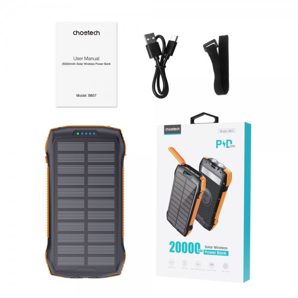 Повербанк з сонячною панеллю 20000mAh Choetech B657 Black PD20W+QC QC3.0 PD3.0 бездротова зарядка