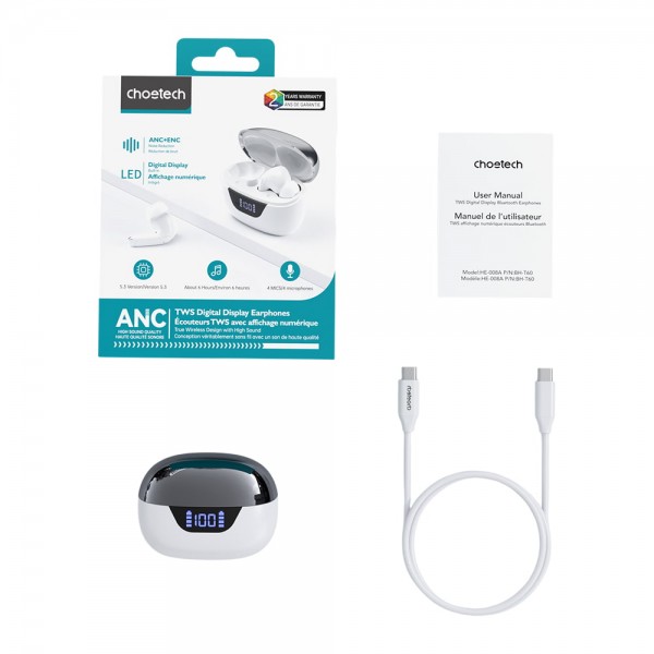 Бездротові навушники Choetech BH-T60 White TWS, Bluetooth 5.3, ANC+ENC, LED-дисплей
