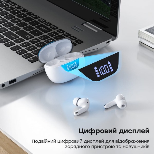 Бездротові навушники Choetech BH-T60 White TWS, Bluetooth 5.3, ANC+ENC, LED-дисплей