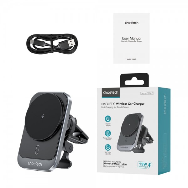 Автомобільний зарядний пристрій Choetech T206-F Black бездротова зарядка, магнітне кріплення