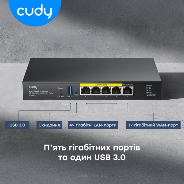 Контролер точок доступу AP / гігабітний VPN-маршрутизатор Cudy C200P з 4 портами PoE+