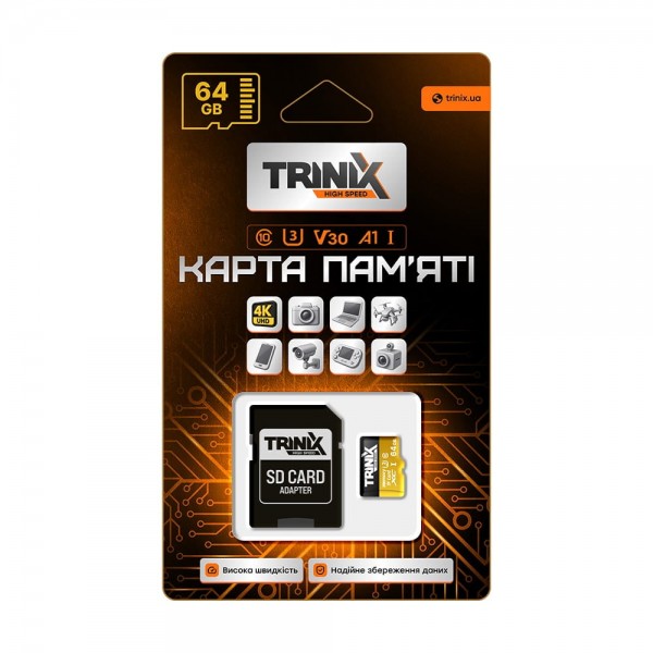 Карта пам’яті Trinix 64GB miсroSDXC з SD-адаптером U3 V30 A1