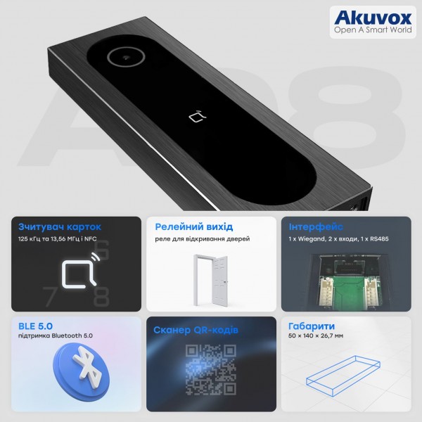Термінал контролю доступу Akuvox A08S з клавіатурою та зчитувачем EM-Marine / Mifare / NFC / BLE / QR