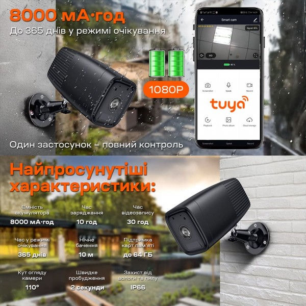 Автономна WiFi IP-відеокамера 2Mp Light Vision VLC-04IB Black з підтримкою Tuya, 3.6mm, на акумуляторних батареях