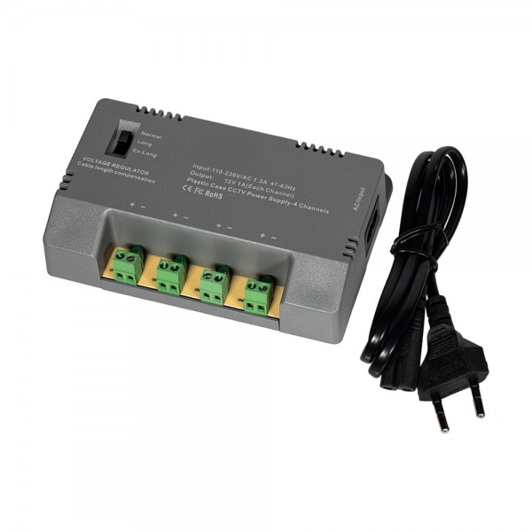 Блок живлення Kraft KRF-1204B (4CH) 60W, 4 канали навантаження, 12V/1A на 1 канал, з регулятором напруги для компенсації довжини кабелю