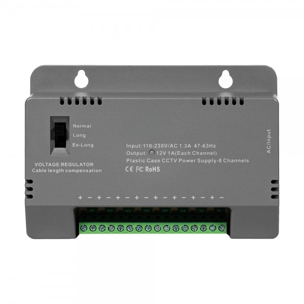 Блок живлення Kraft KRF-1208B (8CH) 96W, 8 каналів навантаження, 12V/1A на 1 канал, з регулятором напруги для компенсації довжини кабелю
