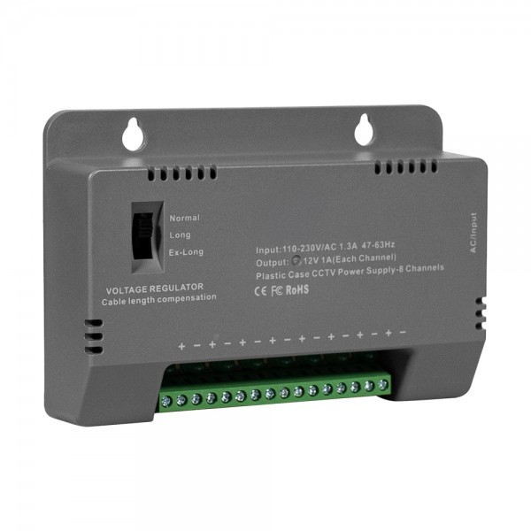 Блок живлення Kraft KRF-1208B (8CH) 96W, 8 каналів навантаження, 12V/1A на 1 канал, з регулятором напруги для компенсації довжини кабелю