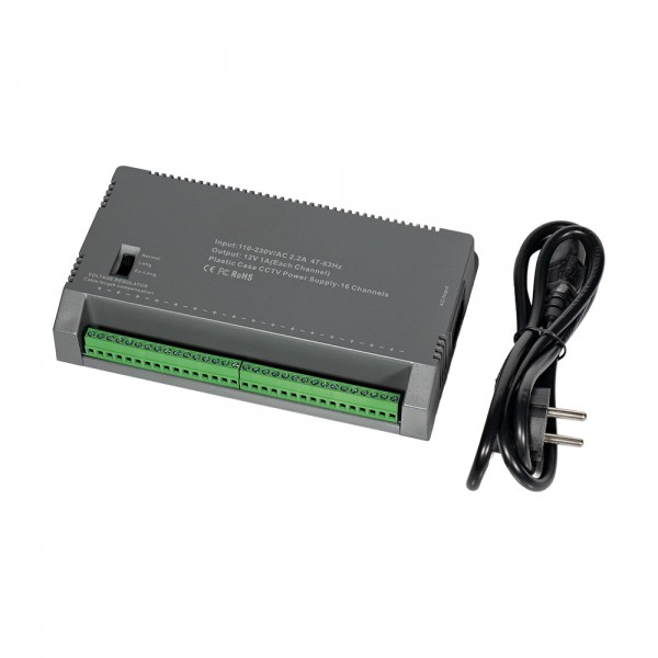 Блок живлення Kraft KRF-1216B (16CH) 200W, 16 каналів навантаження, 12V/1A на 1 канал, з регулятором напруги для компенсації довжини кабелю