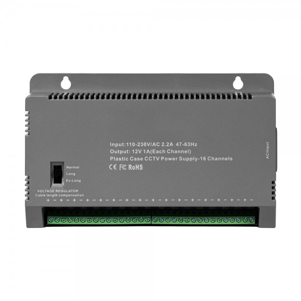Блок живлення Kraft KRF-1216B (16CH) 200W, 16 каналів навантаження, 12V/1A на 1 канал, з регулятором напруги для компенсації довжини кабелю
