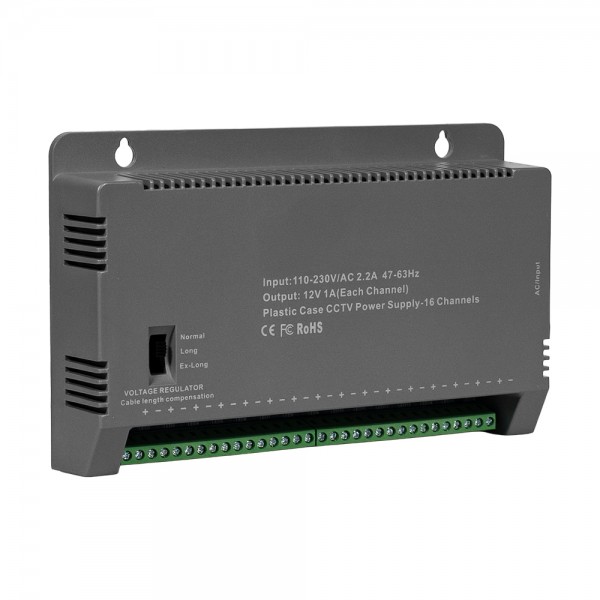 Блок живлення Kraft KRF-1216B (16CH) 200W, 16 каналів навантаження, 12V/1A на 1 канал, з регулятором напруги для компенсації довжини кабелю