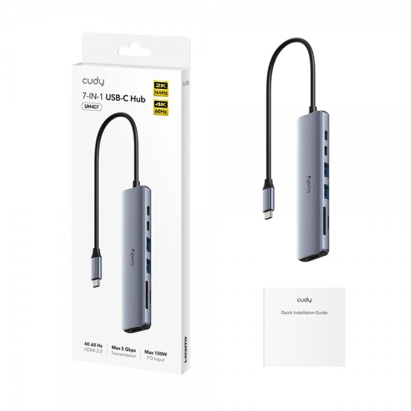 USB-C хаб 7-в-1 Cudy UH407 HDMI 4K@60Hz, 2 USB-A, 2 USB-C, SD-card, TF-card