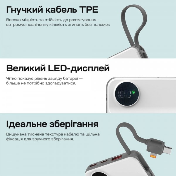 Повербанк 10000mAh Choetech B695 White QC3.0 PD3.0 бездротова зарядка смартфонів та Apple Watch