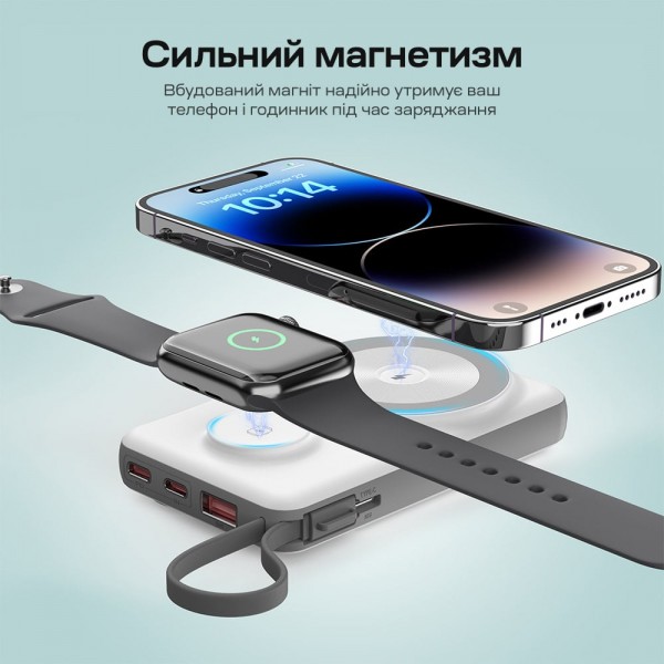 Повербанк 10000mAh Choetech B695 White QC3.0 PD3.0 бездротова зарядка смартфонів та Apple Watch