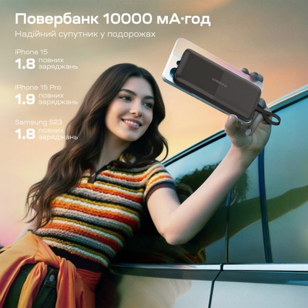 Повербанк 10000mAh Choetech B654 Black 22.5W QC3.0 PD3.0 вбудовані кабелі Type-C та Lightning