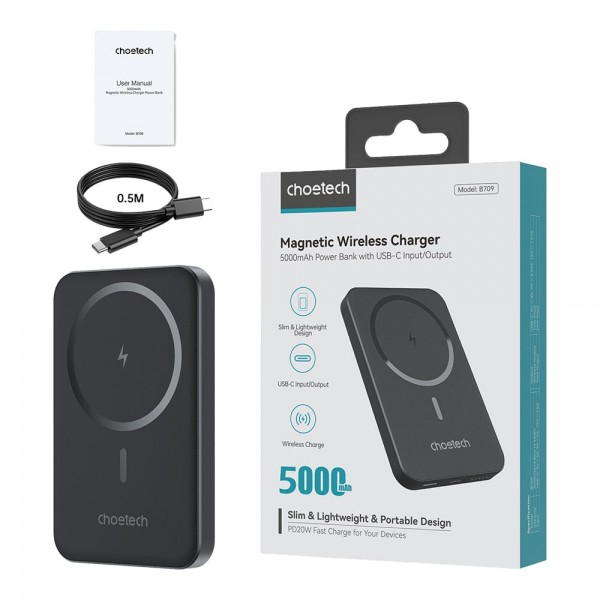 Повербанк 5000mAh Choetech B709 Black PD3.0 бездротова магнітна зарядка