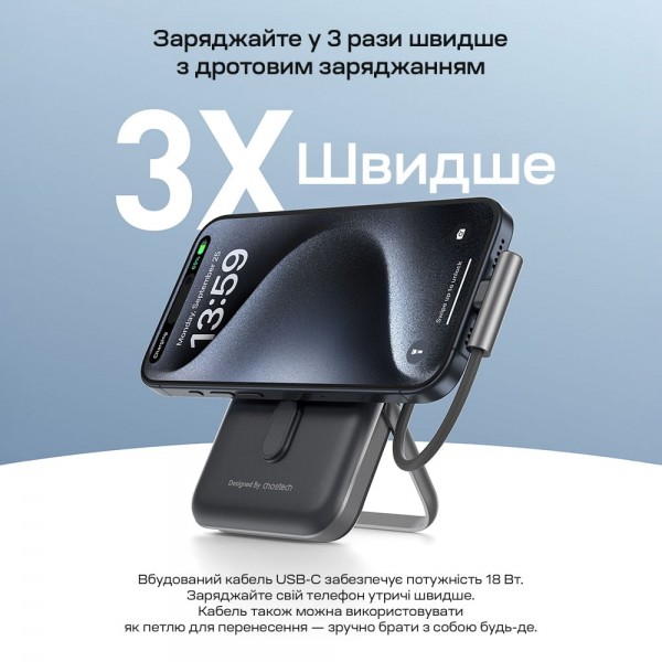 Повербанк 10000mAh Choetech B735 Black QC3.0 PD3.0 бездротова магнітна зарядка, вбудований кабель, підставка