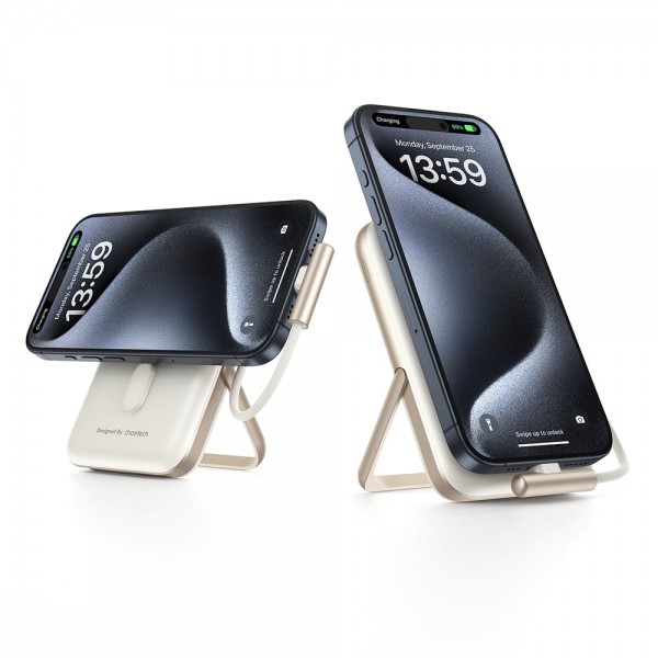 Повербанк 10000mAh Choetech B735 White QC3.0 PD3.0 бездротова магнітна зарядка, вбудований кабель, підставка