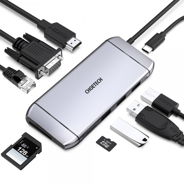 USB-C хаб 9-в-1 Choetech M15 HDMI 4K@30Hz, VGA, 3 USB3.0, RJ45, USB-C PD, SD-card, TF-card