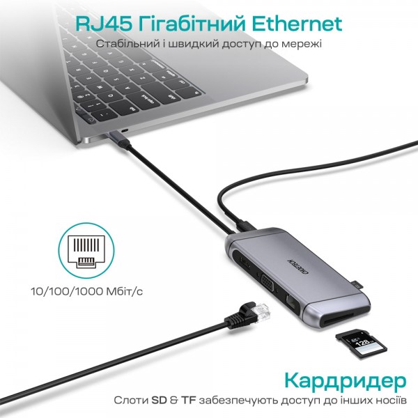USB-C хаб 9-в-1 Choetech M15 HDMI 4K@30Hz, VGA, 3 USB3.0, RJ45, USB-C PD, SD-card, TF-card