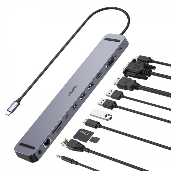 USB-C хаб 11-в-1 Choetech M20 HDMI 4K@30Hz, VGA, 3 USB-A 3.0, USB-C 3.0, RJ45, USB-C PD, SD-card, TF-card, 3.5mm audio