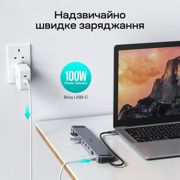 USB-C хаб 11-в-1 Choetech M20 HDMI 4K@30Hz, VGA, 3 USB-A 3.0, USB-C 3.0, RJ45, USB-C PD, SD-card, TF-card, 3.5mm audio