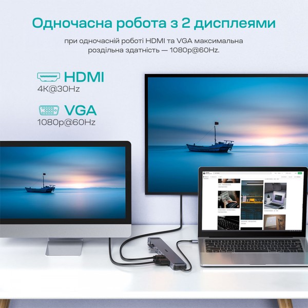 USB-C хаб 11-в-1 Choetech M20 HDMI 4K@30Hz, VGA, 3 USB-A 3.0, USB-C 3.0, RJ45, USB-C PD, SD-card, TF-card, 3.5mm audio