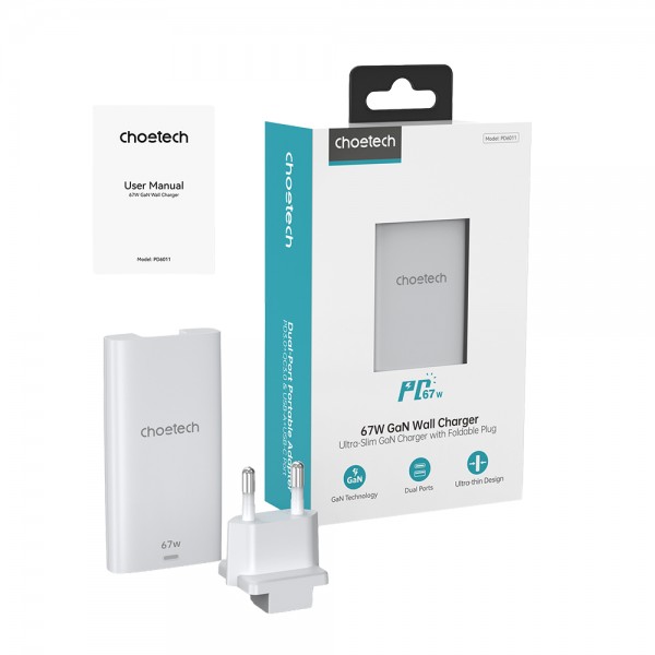 Мережевий зарядний пристрій Choetech PD6011 Ultra thin PD67W GAN A+C White
