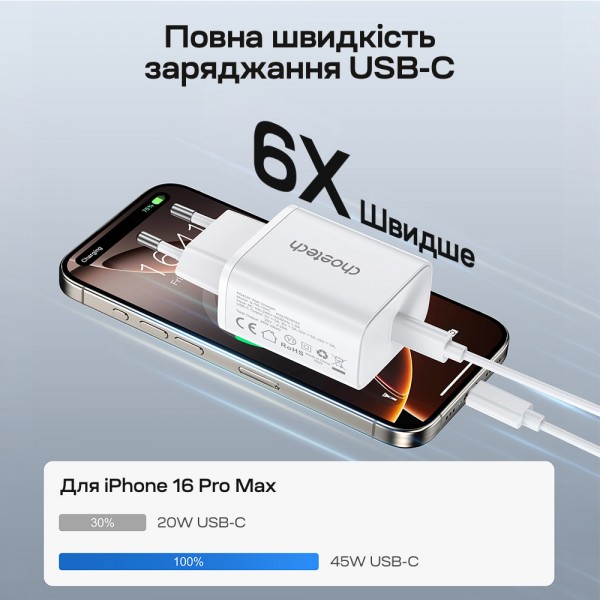 Мережевий зарядний пристрій Choetech PD3042 mini PD45W USB-C White