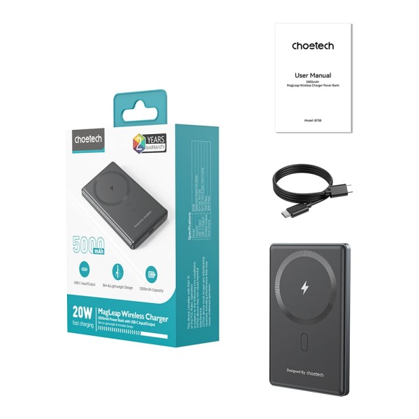 Повербанк 5000mAh Choetech B738 Black QC3.0 PD3.0 бездротова магнітна зарядка