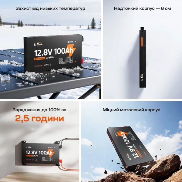Акумуляторна батарея літій-залізо-фосфатна 12.8В 100А*год LiFePO4 LiTime Slim 12V100-100-SLIM-LTCP-4-SE100 ультратонка