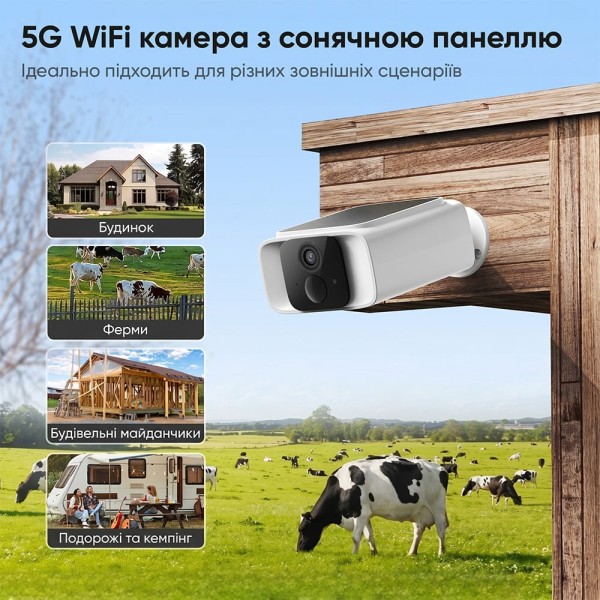 Автономна WiFi 2.4/5GHz IP-відеокамера з сонячною панеллю 5Mp Light Vision VLC-05IB-Solar (Tuya) White, 2.8mm, на акумуляторних батареях 6000mAh