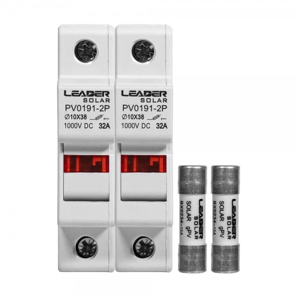 Комплект роз'єднувача та запобіжника 1000V Leader 32A PV0191-2P та 2 шт. 15A BX0234 для сонячних панелей