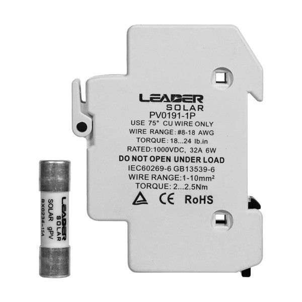 Комплект роз'єднувача та запобіжника 1000V Leader 32A PV0191-1P та 15A BX0234 для сонячних панелей