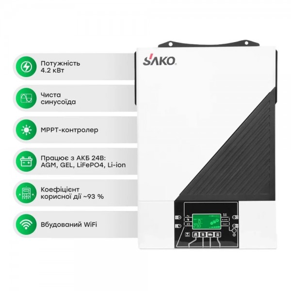 Комплект резервного живлення: автономний інвертор 4.2kW Sako SUNON IV 24V +120A MPPT та 2 акумуляторні батареї 12.8В 100Аг Cyclen 12.8V 100AH LiFePo4